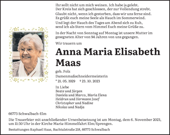 Todesanzeige von Anna Maria Elisabeth Maas von saarbruecker_zeitung