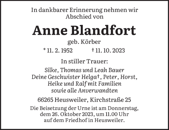 Todesanzeige von Anne Blandfort von saarbruecker_zeitung