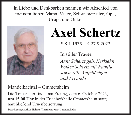 Todesanzeige von Axel Schertz von saarbruecker_zeitung