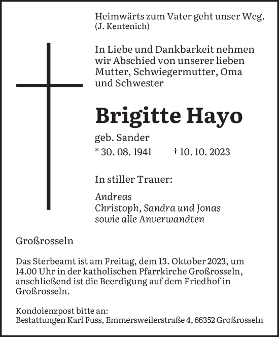 Todesanzeige von Brigitte Hayo von saarbruecker_zeitung