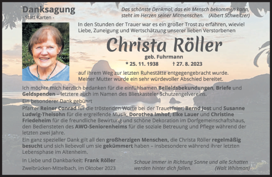 Todesanzeige von Christa Röller von saarbruecker_zeitung