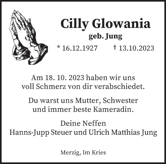 Todesanzeige von Cilly Glowania von saarbruecker_zeitung
