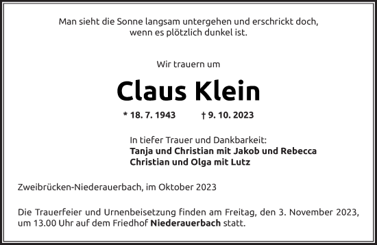 Todesanzeige von Claus Klein von saarbruecker_zeitung