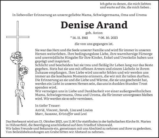 Todesanzeige von Denise Arand von saarbruecker_zeitung