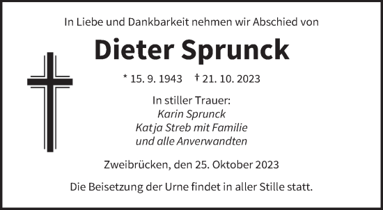 Todesanzeige von Dieter Sprunck von saarbruecker_zeitung