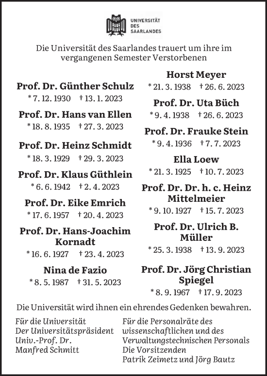 Todesanzeige von Die Universität des Saarlandes trauert um  von saarbruecker_zeitung