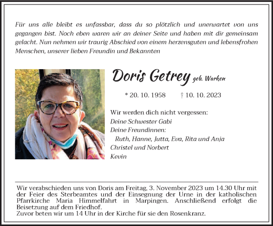 Todesanzeige von Doris Getrey von saarbruecker_zeitung
