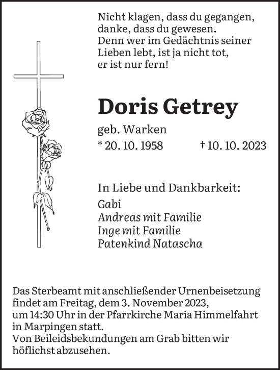 Todesanzeige von Doris Getrey von saarbruecker_zeitung