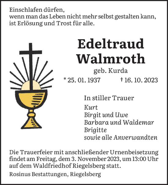 Todesanzeige von Edeltraud Walmroth von saarbruecker_zeitung