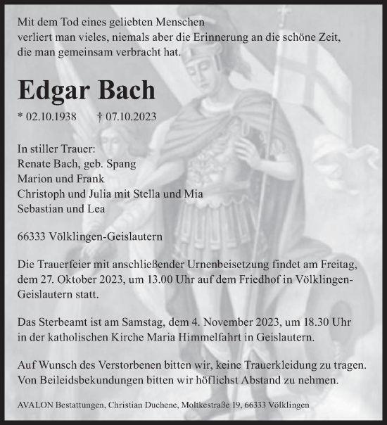 Todesanzeige von Edgar Bach von saarbruecker_zeitung