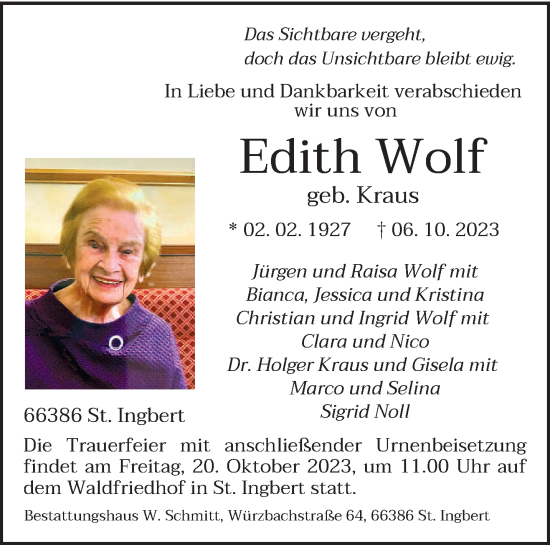 Todesanzeige von Edith Wolf von saarbruecker_zeitung