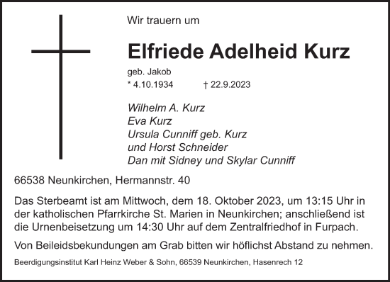 Todesanzeige von Elfriede Adelheid Kurz von saarbruecker_zeitung