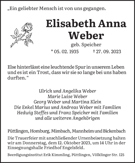 Todesanzeige von Elisabeth Weber von saarbruecker_zeitung