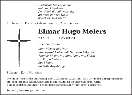 Todesanzeige von Elmar Hugo Meiers von saarbruecker_zeitung