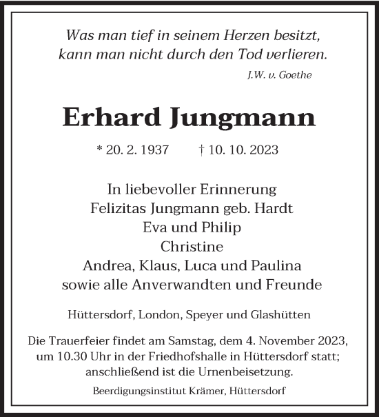 Todesanzeige von Erhard Jungmann von saarbruecker_zeitung