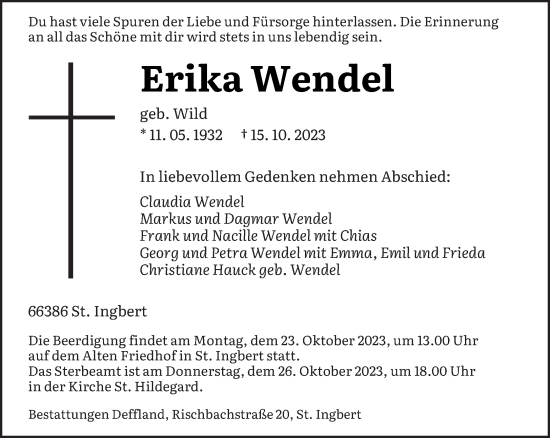 Todesanzeige von Erika Wendel von saarbruecker_zeitung