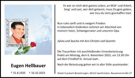 Todesanzeige von Eugen Hellbauer von saarbruecker_zeitung
