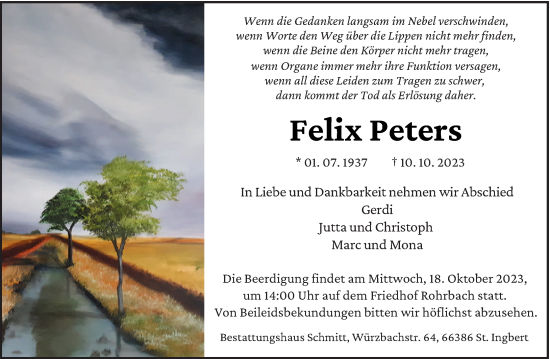Todesanzeige von Felix Peters von saarbruecker_zeitung