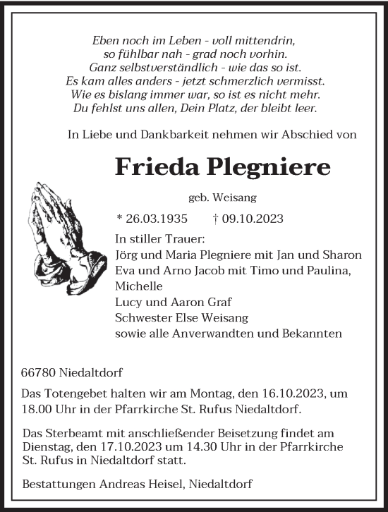 Todesanzeige von Frieda Plegniere von saarbruecker_zeitung
