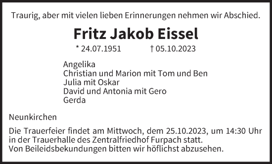 Todesanzeige von Fritz Jakob Eisset von saarbruecker_zeitung