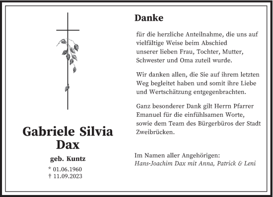 Todesanzeige von Gabriele Silvia Dax von saarbruecker_zeitung