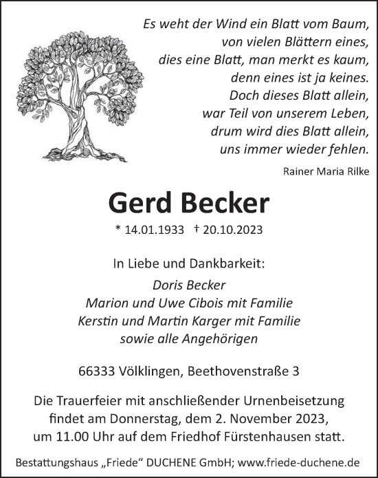 Todesanzeige von Gerd Becker von saarbruecker_zeitung