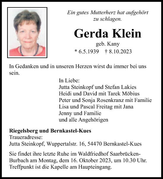 Todesanzeige von Gerda Klein von saarbruecker_zeitung
