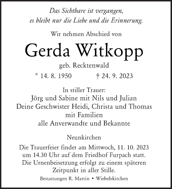 Todesanzeige von Gerda Witkopp von saarbruecker_zeitung