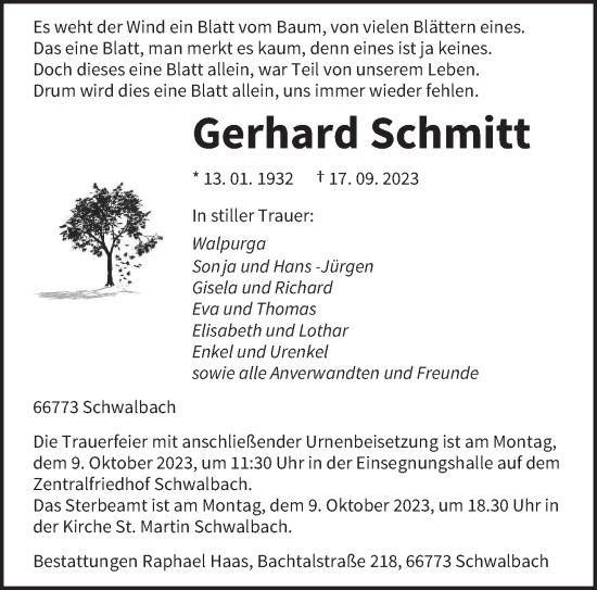Todesanzeige von Gerhard Schmitt von saarbruecker_zeitung