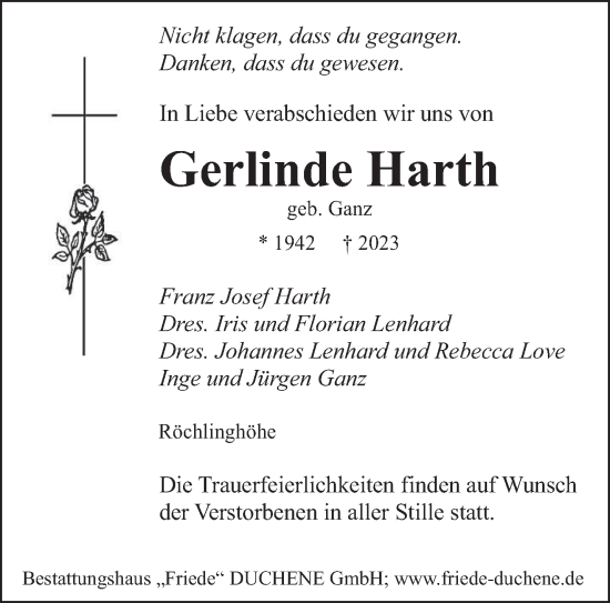 Todesanzeige von Gerlinde Harth von saarbruecker_zeitung