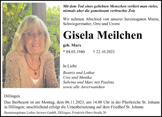 Todesanzeige von Gisela Meilchen von saarbruecker_zeitung
