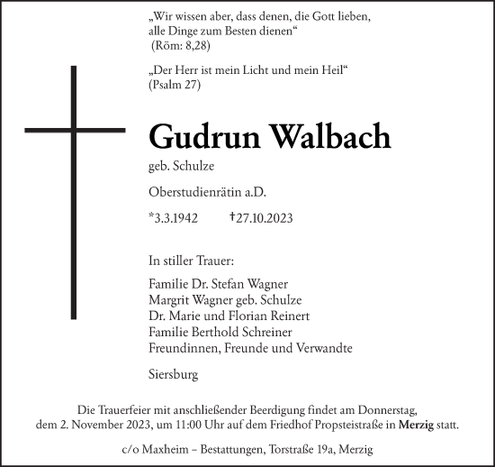 Todesanzeige von Gudrun Walbach von saarbruecker_zeitung