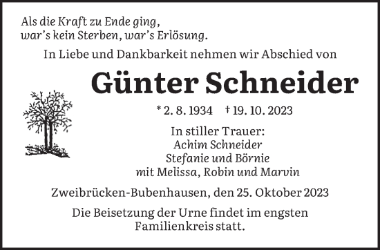 Todesanzeige von Günter Schneider von saarbruecker_zeitung