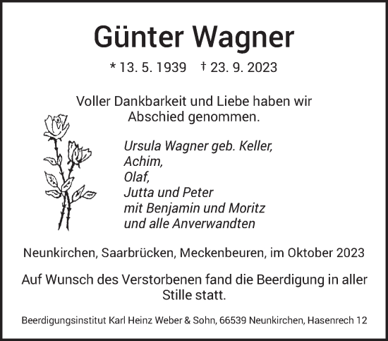 Todesanzeige von Günter Wagner von saarbruecker_zeitung
