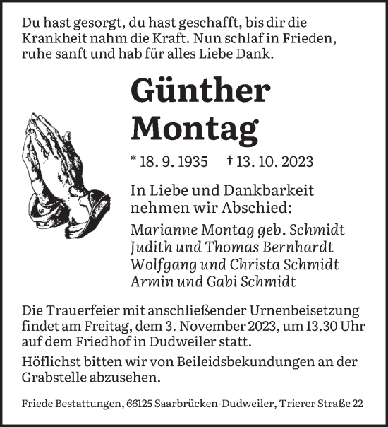 Todesanzeige von Günther Montag von saarbruecker_zeitung