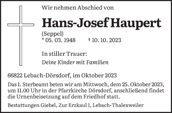 Todesanzeige von Hans-Josef Haupert von saarbruecker_zeitung