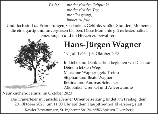 Todesanzeige von Hans-Jürgen Wagner von saarbruecker_zeitung