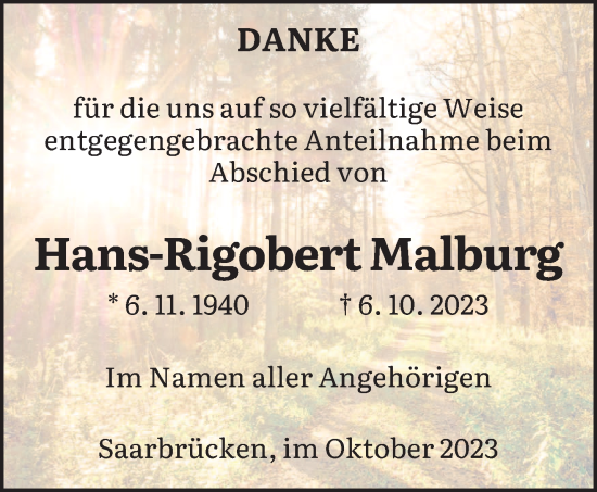 Todesanzeige von Hans-Rigobert Malburg von saarbruecker_zeitung