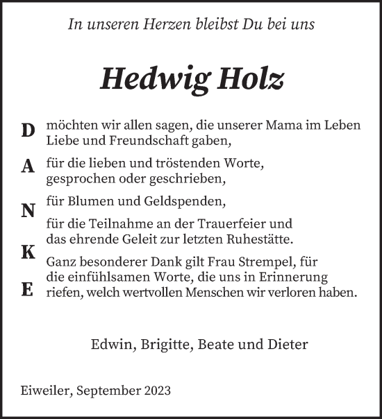 Todesanzeige von Hedwig Holz von saarbruecker_zeitung
