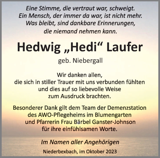 Todesanzeige von Hedwig Laufer von saarbruecker_zeitung