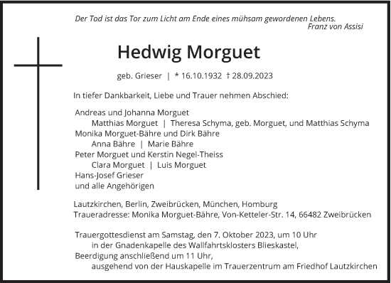 Todesanzeige von Hedwig Morguet von saarbruecker_zeitung