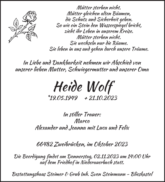 Todesanzeige von Heide Wolf von saarbruecker_zeitung