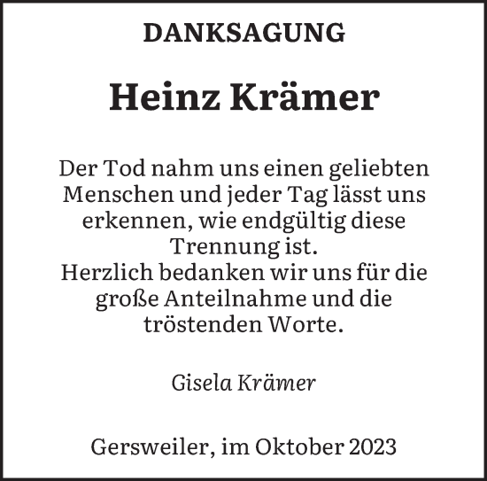 Todesanzeige von Heinz Krämer von saarbruecker_zeitung