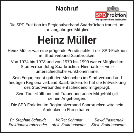 Todesanzeige von Heinz Müller von saarbruecker_zeitung