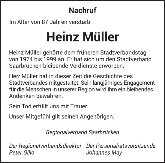 Todesanzeige von Heinz Müller von saarbruecker_zeitung
