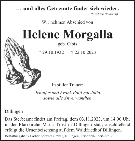 Todesanzeige von Helene Morgalla von saarbruecker_zeitung