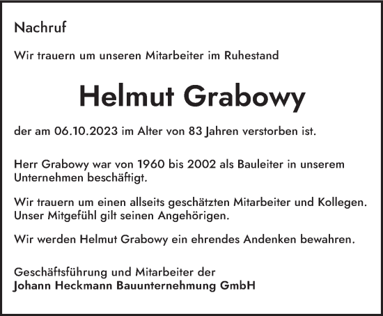 Todesanzeige von Helmut Grabowy von saarbruecker_zeitung