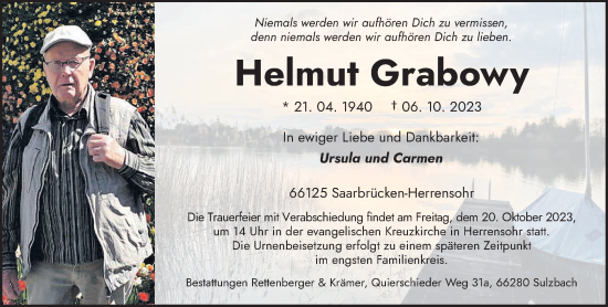 Todesanzeige von Helmut Grabowy von saarbruecker_zeitung