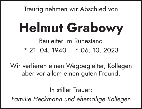 Todesanzeige von Helmut Grabowy von saarbruecker_zeitung