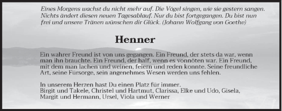 Todesanzeige von Henner  von saarbruecker_zeitung